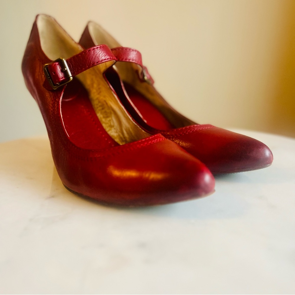 Frye Regina Wedge Mary Jane Shoes Womens Size 8M RED Leather High Heel - Picture 6 of 6